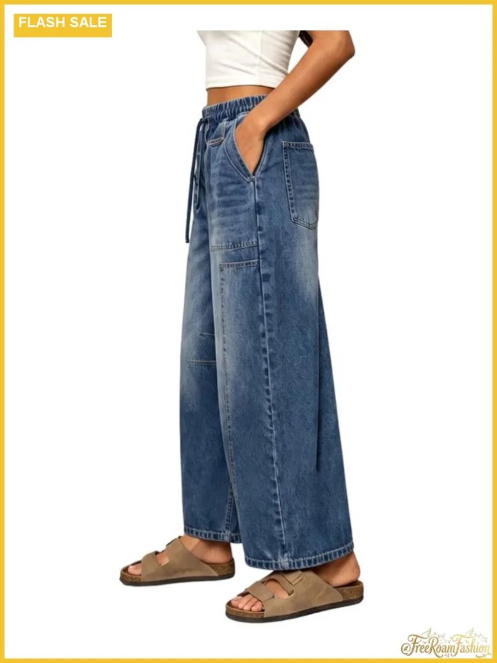 Women's Barrel Jeans - Elastic Waist Drawstring Baggy Wide Leg Pants
